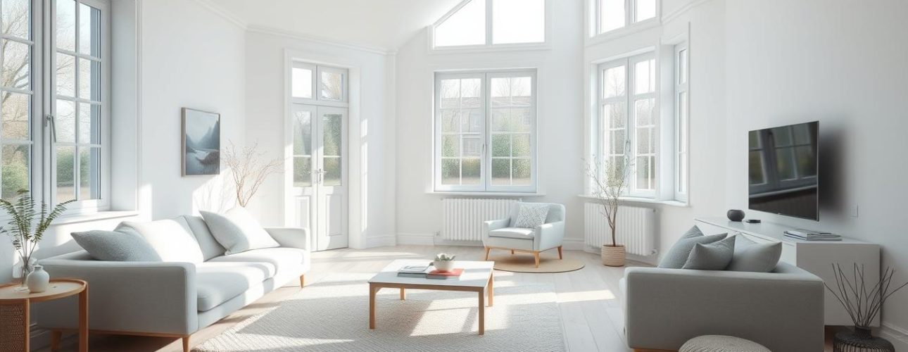 Scandinavische-woonkamer-met-lichte-kleuren-en-houten-accenten Lichte Scandinavische woonkamer met grote ramen en houten meubels, inclusief een bank en een salontafel.