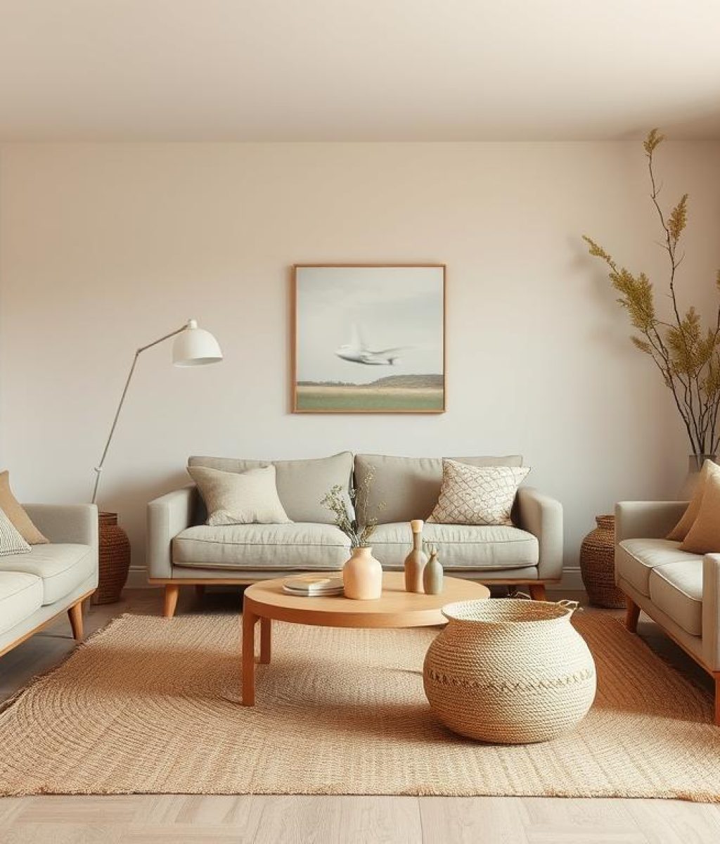 Scandinavische woonkamer met beige en taupe meubels en decoratieve elementen in natuurlijke kleuren.