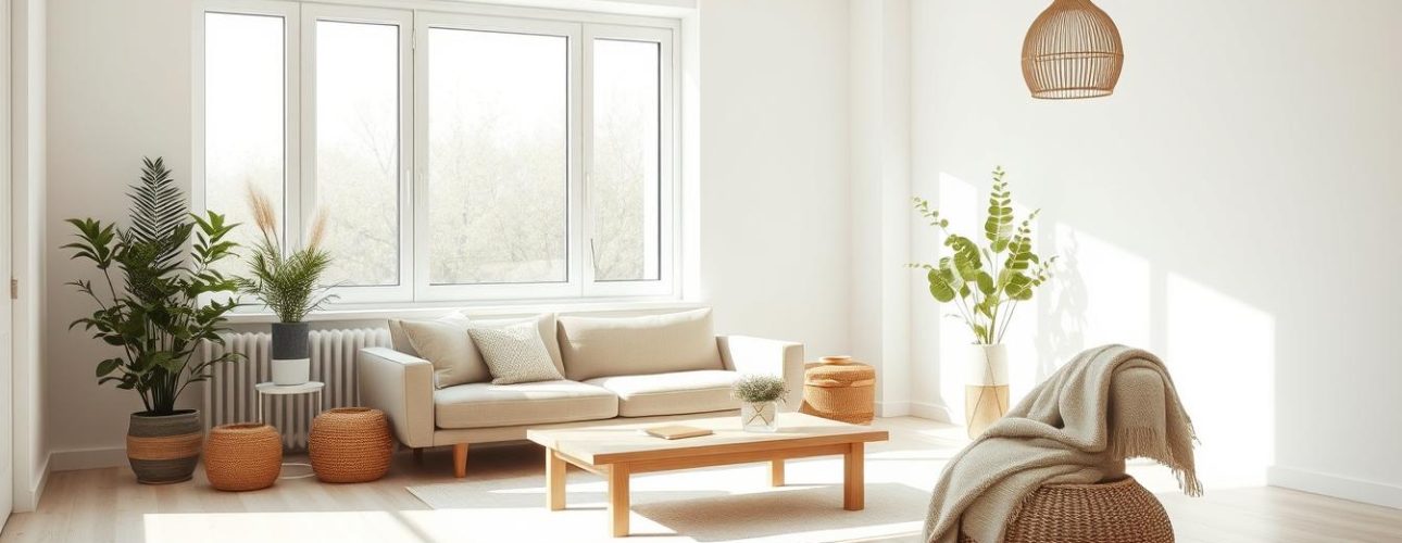 Een lichte, minimalistische woonkamer met een beige bank, houten salontafel en poef geaccentueerd door een beige deken. Grote ramen vullen de ruimte met natuurlijk licht, waardoor het Scandinavische interieur tot zijn recht komt. Potplanten en een rieten hanglamp zorgen voor gezelligheid, terwijl de lichte houten vloer de charmante uitstraling van het huis compleet maakt.