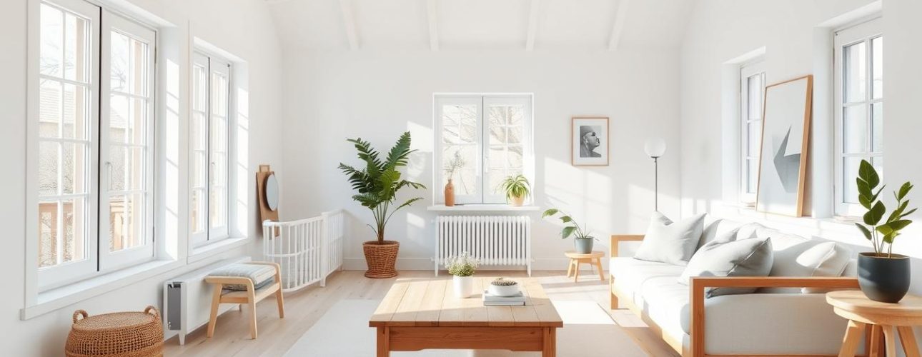 Scandinavische-woonstijl-kenmerken-in-een-lichte-woonkamer-met-houten-meubels Lichte woonkamer met houten meubels, een salontafel en verschillende planten in potten.