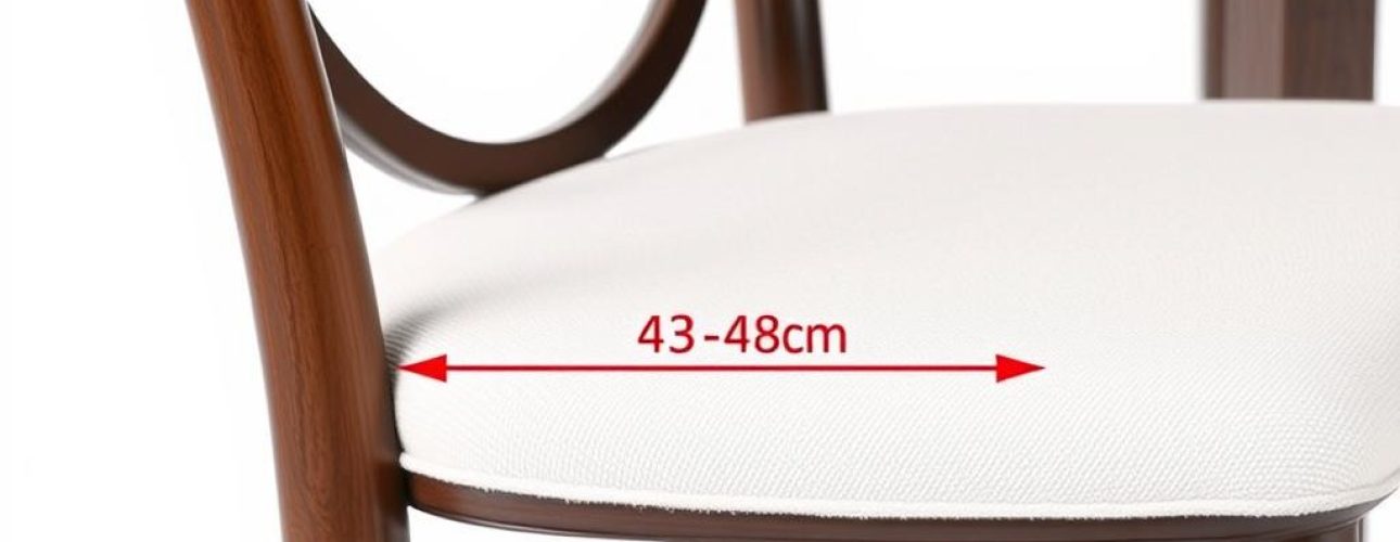 Eetkamerstoel met een witte zitting en een houten frame, met aanduiding van zithoogte tussen 43-48 cm.