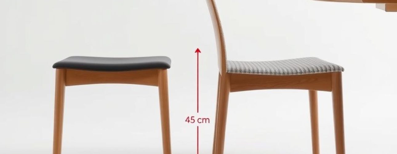 Eetkamerstoelen met een zithoogte van 45 cm, één met een zwarte zitting en één met een gestreepte zitting.