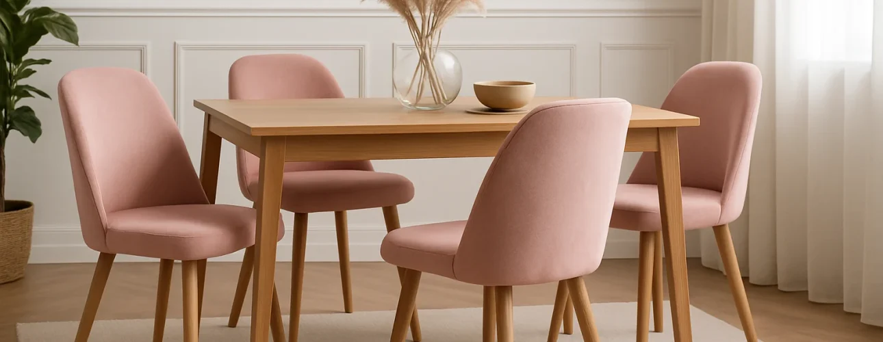 Een stijlvol en stevig houten eettafel met vier roze gestoffeerde stoelen staat op een licht vloerkleed. Op tafel staat een glazen vaas met pampasgras en een kleine schaal. In de hoek staat een plant, terwijl zacht licht door witte gordijnen stroomt.