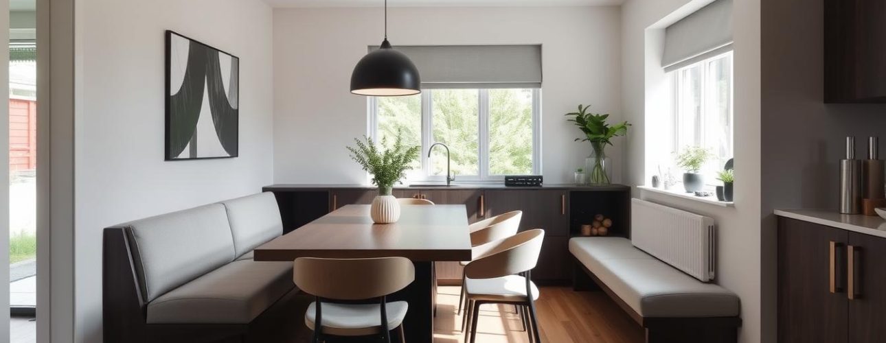 Stijlvolle eetkamerbank in een moderne eethoek die ruimte bespaart