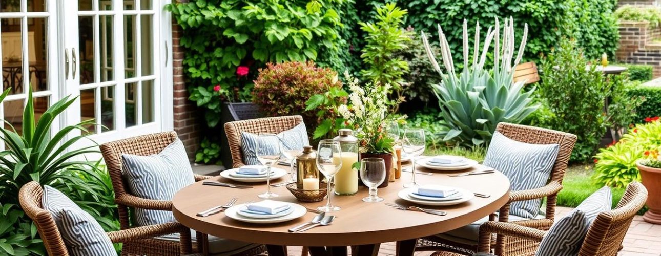 Stijlvolle eettafel voor buiten in een Nederlandse tuin met gedekte tafel en comfortabele stoelen