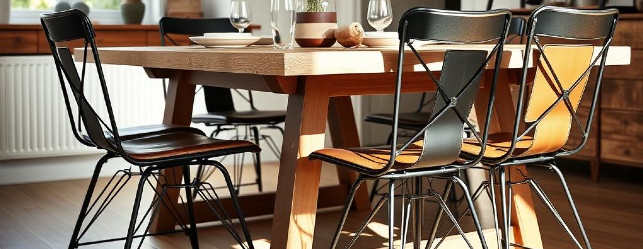 Stoere eetkamerstoelen in een industrieel interieur rond een houten eettafel