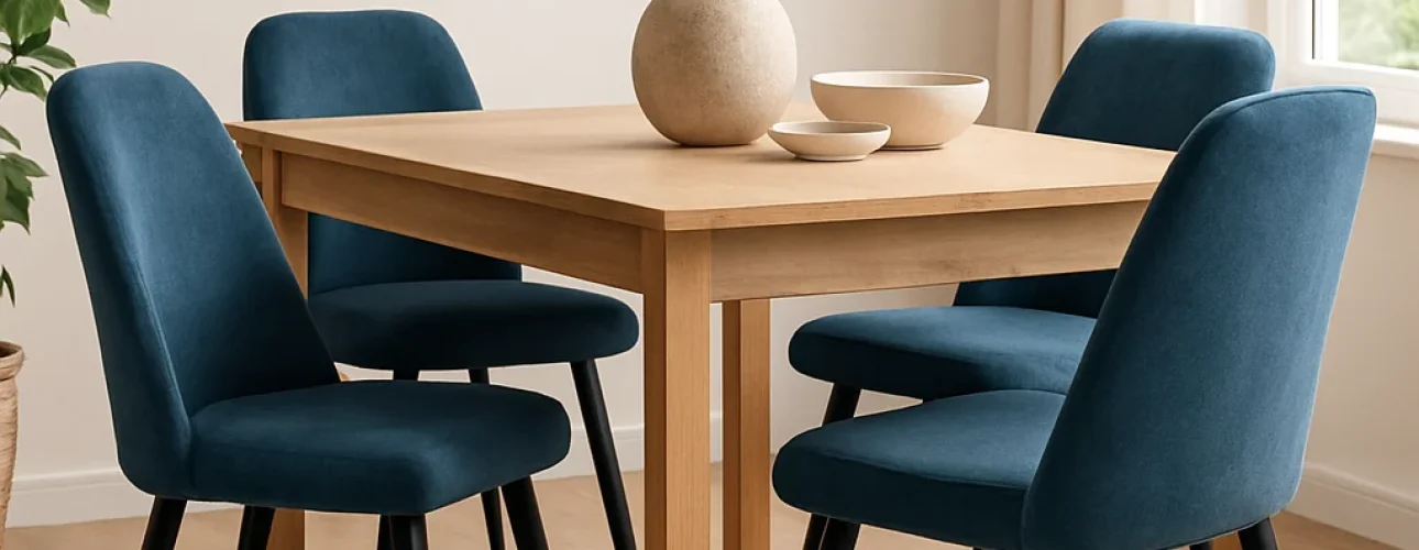 Een houten eettafel met daaromheen vier stoffen blauwe eetkamerstoelen. Op de tafel staan een beige vaas met gedroogd pampagras en twee ondiepe schalen. De kamer heeft een lichte houten vloer en een groot raam.