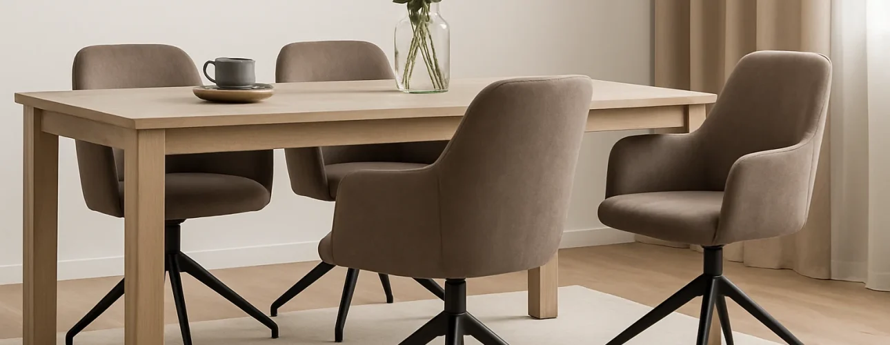 Een moderne eetkamer met een lichte houten tafel, taupe eetkamerstoelen draaibaar met zwarte metalen poten, een licht vloerkleed, een vaas met groen en neutraal gekleurde muren met beige gordijnen.