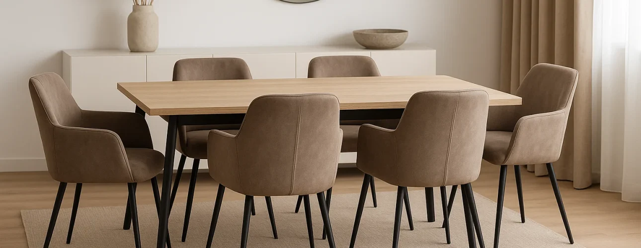 Een stijlvol ingerichte eetkamer met een rechthoekige houten tafel, zes stevige taupe gestoffeerde stoelen met zwarte poten, een beige vloerkleed, ronde spiegel, vaas met pampagras en een schaal op een wit dressoir. Crèmekleurige gordijnen bedekken het raam.
