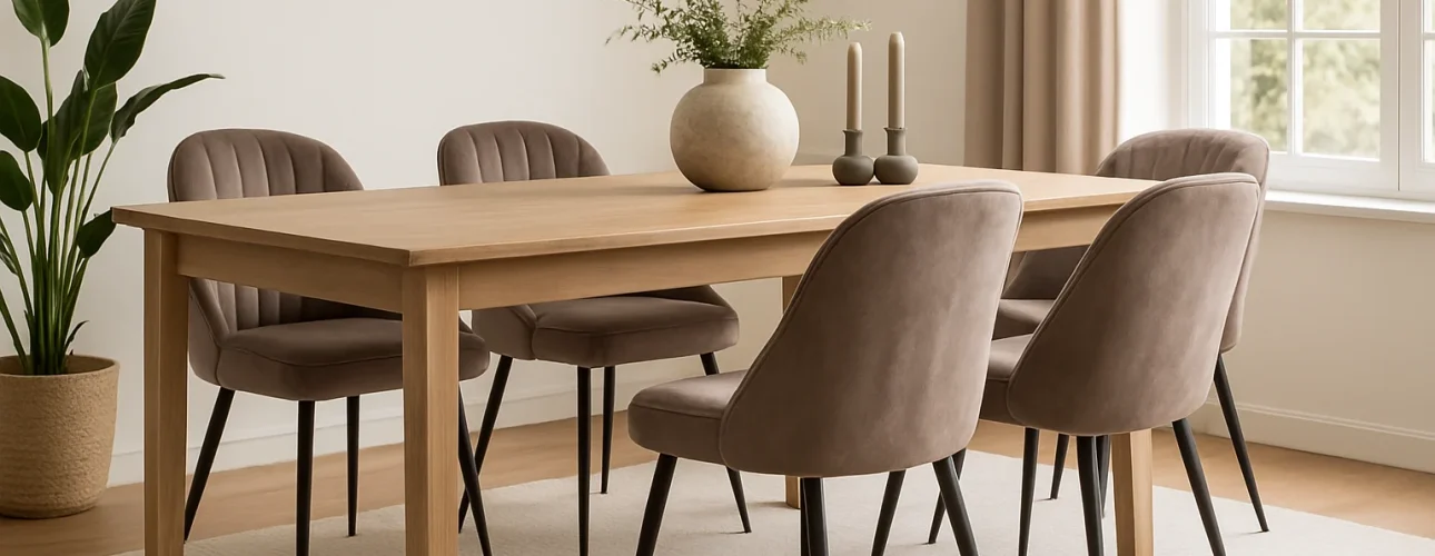 Een moderne eetkamer met een houten tafel, zes taupe eetkamerstoelen fluweel, een vaas met groen, twee kaarsen, een zwarte hanglamp, een groot raam, beige gordijnen en een plant in pot op een licht vloerkleed.