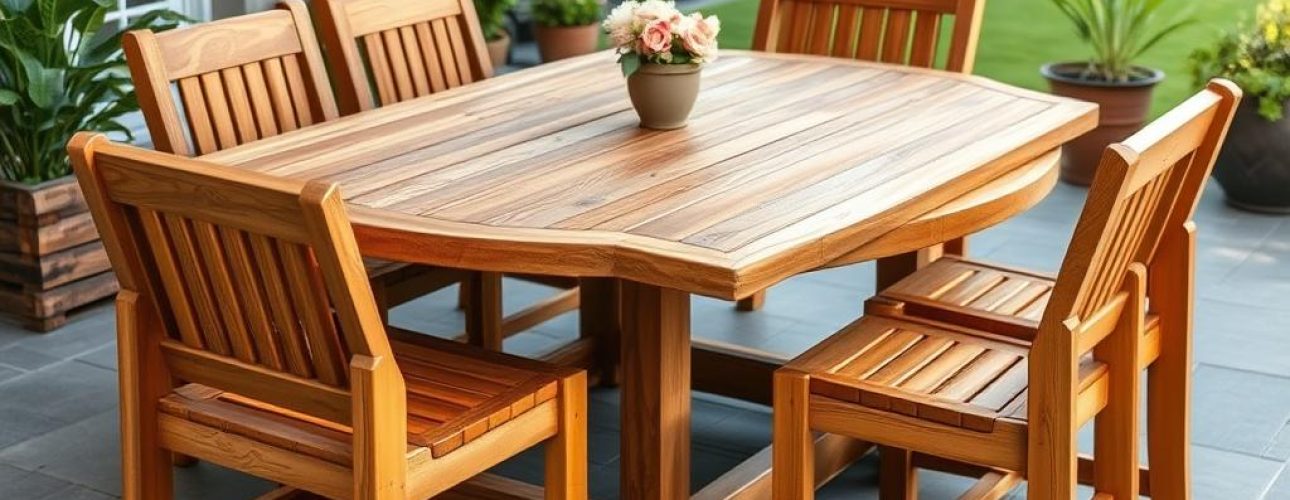 Teakhouten tuintafel op terras met stoelen