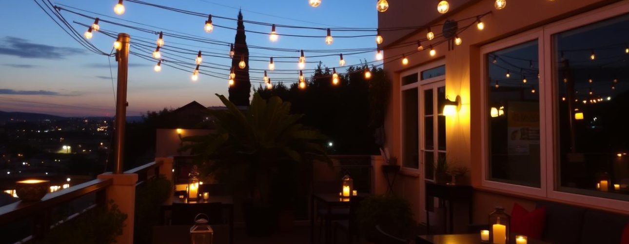 Terras met sfeervolle verlichting zoals lichtslingers en lantaarns bij schemering