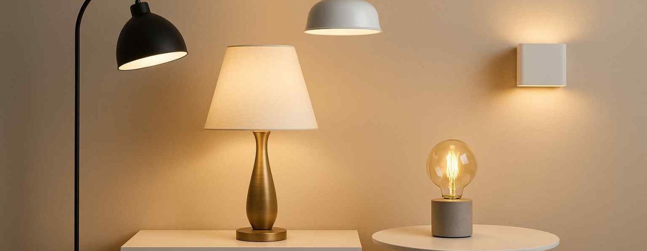 Diverse lampen in een interieur. Een zwarte booglamp, een tafellamp met beige kap, een hanglamp en een wandlamp, allemaal met warm licht. Design.