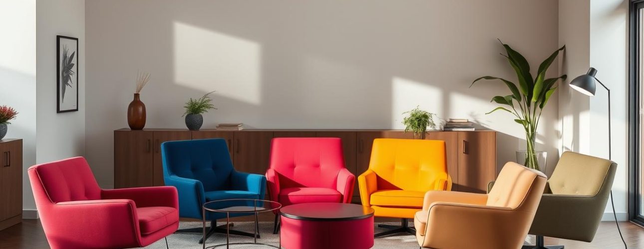 Zes kleurrijke fauteuils in verschillende tinten in een moderne interieursetting.