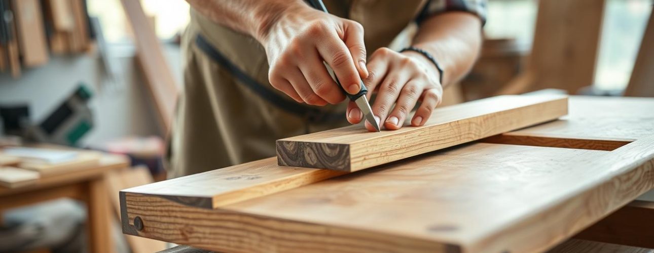 Vakman die zorgvuldig een houten meubel vervaardigt, voorbeeld van hoogwaardige ambacht bij een goed merk meubels