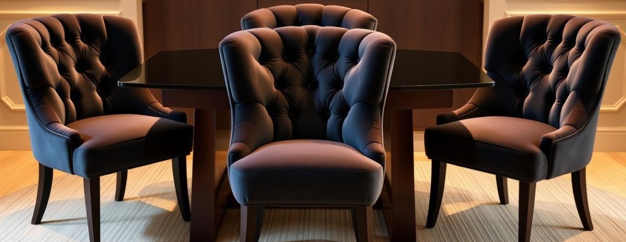 Velvet eetkamerstoelen set 6, a luxurious and inviting arrangement of six plush dining chairs. Upholstered in a rich, velvety fabric, each chair exudes an air of sophistication and comfort. The chairs are positioned in a harmonious arrangement, their curved backs and tufted details creating a visually striking centerpiece for a modern dining room. Warm, indirect lighting casts a gentle glow, accentuating the depth and luster of the velvet upholstery. The chairs are set against a backdrop of neutral tones, allowing the vibrant hue of the velvet to take center stage. The overall scene conveys a sense of elegance and relaxation, inviting the viewer to imagine the pleasure of gathering friends and family around this captivating set of eetkamerstoelen.