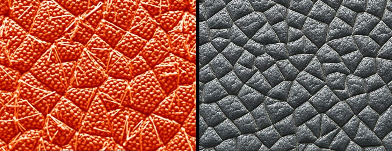 Vergelijking van de textuur van echt leer en imitatieleer onder een microscoop.