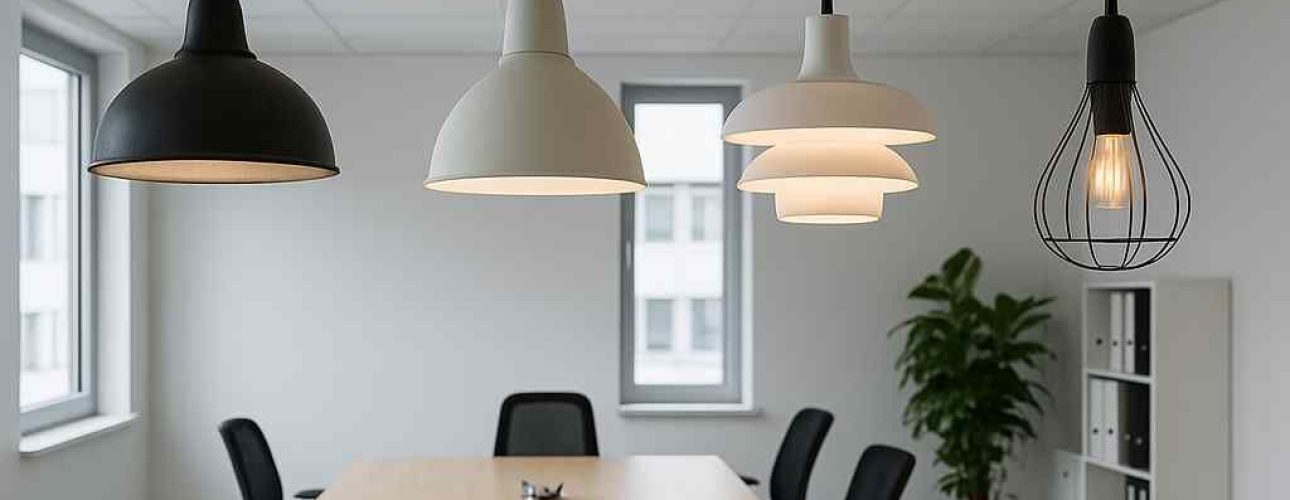Verschillende hanglampen boven een houten tafel in een lichte kantoorruimte. Modern design, met zwarte accenten en natuurlijk licht.