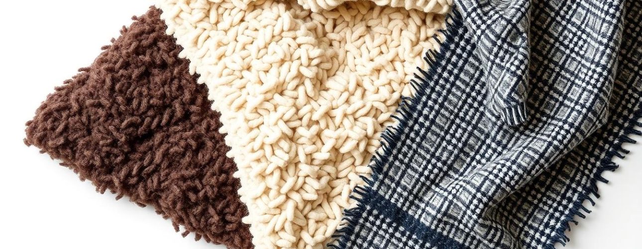 Drie verschillende soorten boucle-stof in beige, bruin en een geruit patroon op een witte achtergrond.