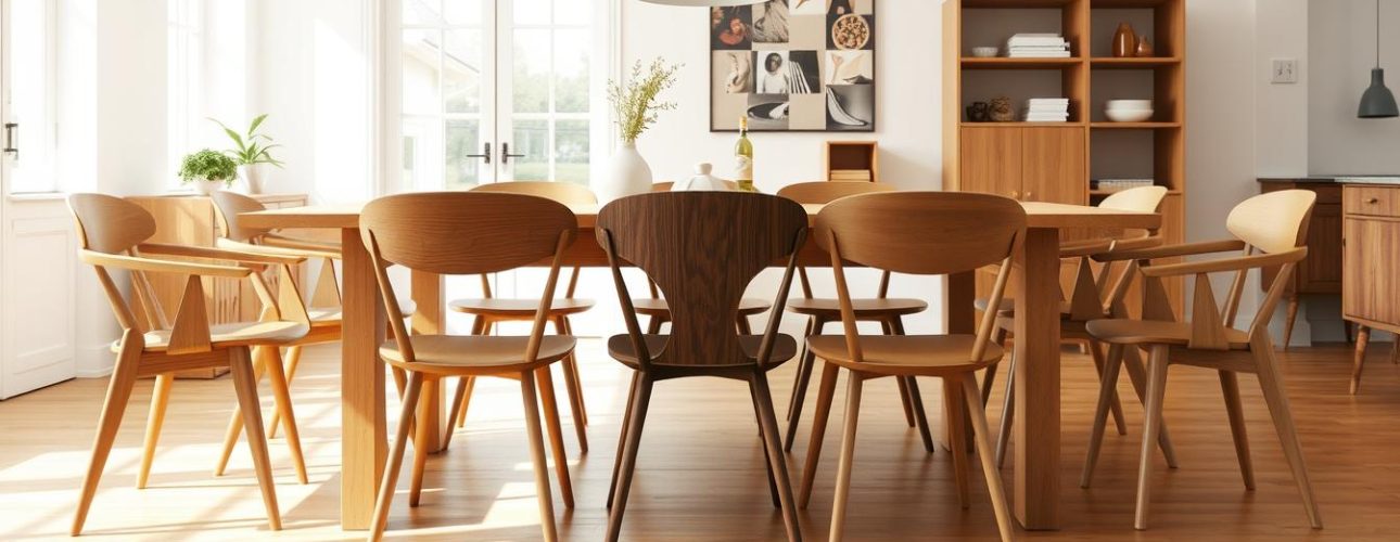 Verschillende houten eetkamerstoelen rondom een eiken eettafel in een lichte eetkamer
