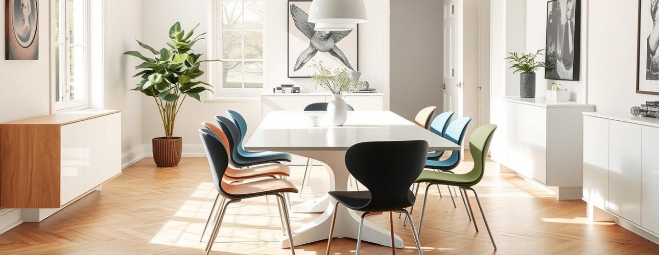 Verschillende kleur stoelen rondom een witte eettafel, waaronder neutrale tinten en contrasterende kleuren