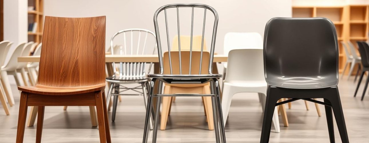 Verschillende materialen eetkamerstoelen waaronder hout, metaal en kunststof naast elkaar getoond om te illustreren hoe lang eetkamerstoelen mee kunnen gaan