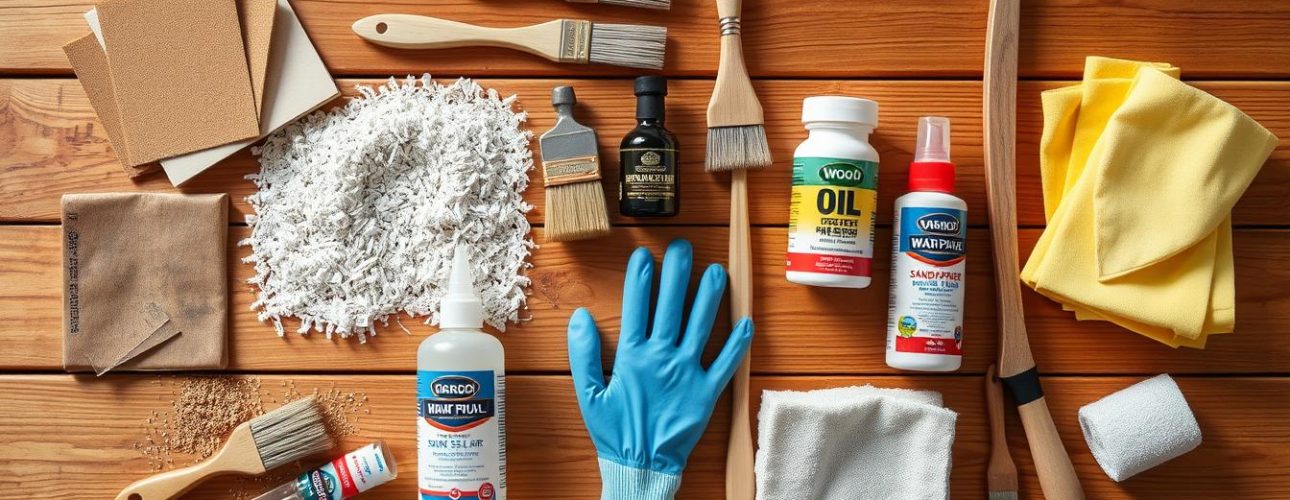 Verschillende materialen om een tafel buitenbestendig te maken waaronder schuurpapier, houtolie, kwasten en beschermingsmiddelen