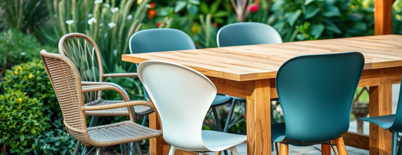 Verschillende materialen tuinstoelen naast een houten tafel, waaronder rotan, metaal en kunststof stoelen bij houten tafel