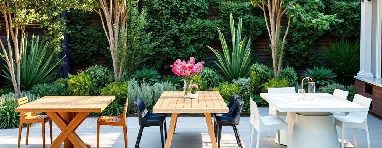 Verschillende materialen voor buitentafels waaronder teakhout, aluminium en polyethyleen