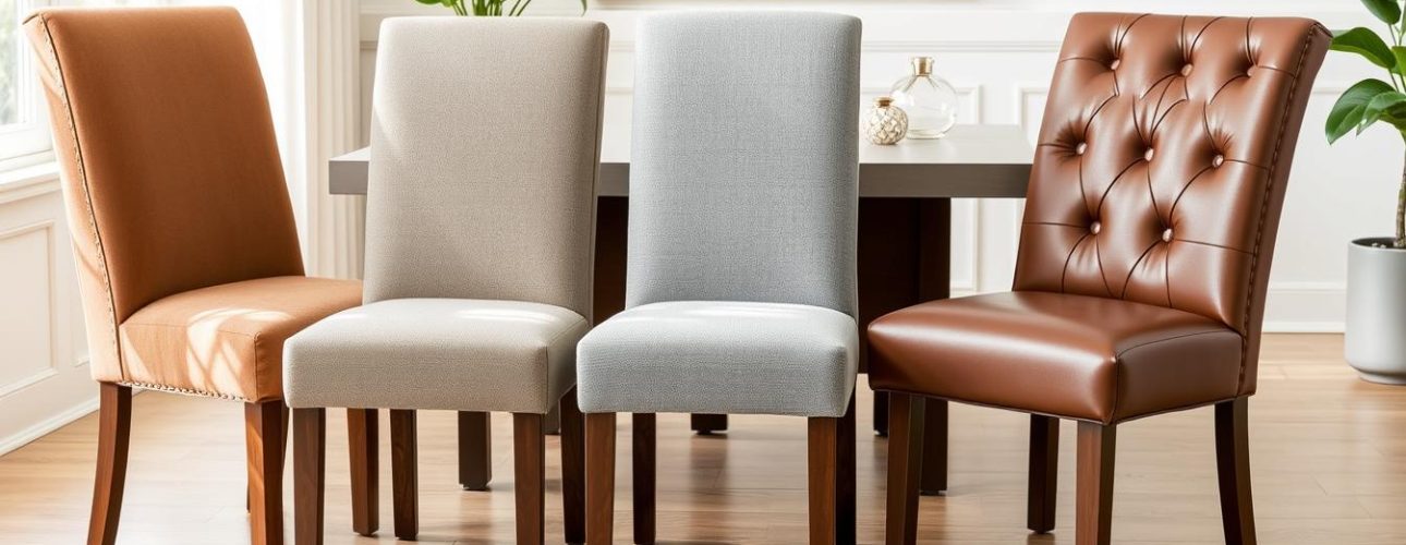 Verschillende materialen voor zachte eetkamerstoelen naast elkaar getoond