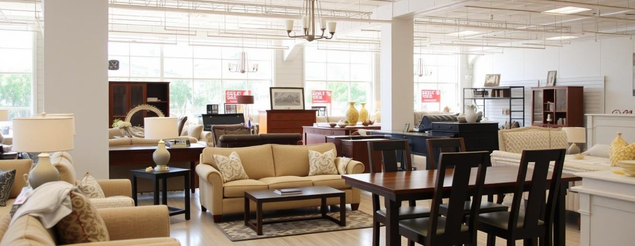 Verschillende meubels met kortingslabels die de beste maand om meubels te kopen illustreren