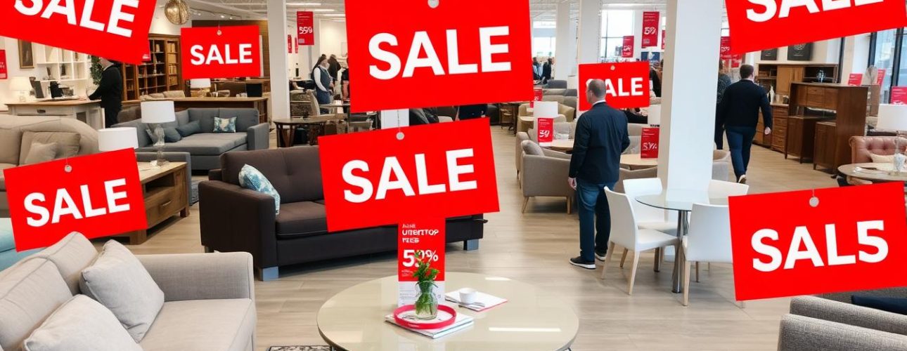 Een showroom vol banken, eetkamerstoelen en tafels, met overal felrode SALE-borden - perfect voor de goedkoopste maand meubels kopen. Winkelend publiek bekijkt de voorraad leverbaar meubilair.