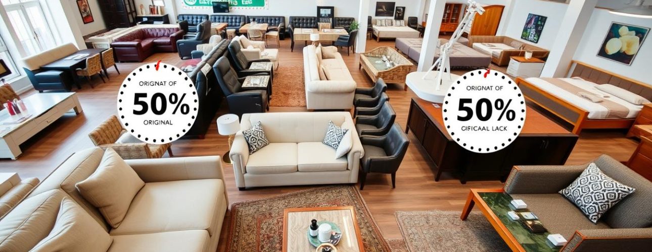 Verschillende meubelsoorten met kortingspercentages in een meubelwinkel