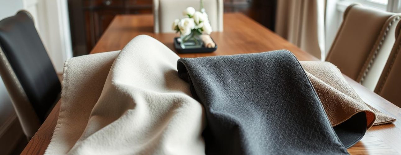 Verschillende soorten bekleding voor eetkamerstoelen waaronder velvet, bouclé en leer