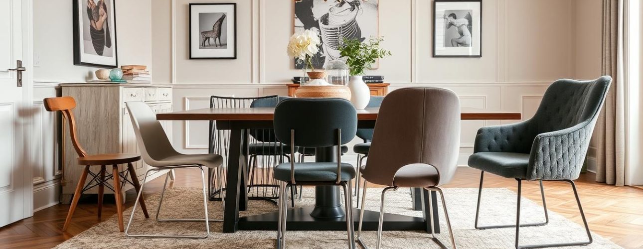 Verschillende soorten eetkamerstoelen in een stijlvolle eetkamer met variërende materialen zoals hout, metaal en bekleding