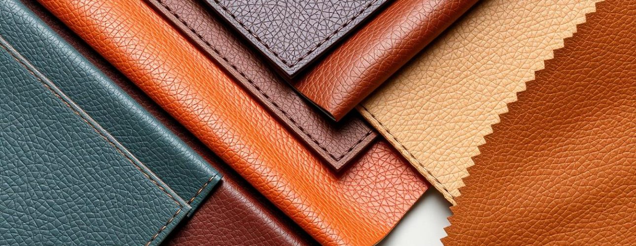 Stapel van imitatieleren stoffen in verschillende kleuren en texturen, waaronder bruin, oranje, groen en beige.