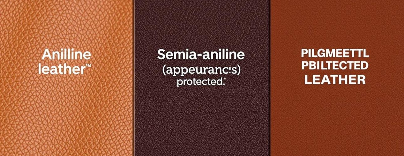 Verschillende soorten leer met labels die aniline, semi-aniline, en gedekverfd leer tonen