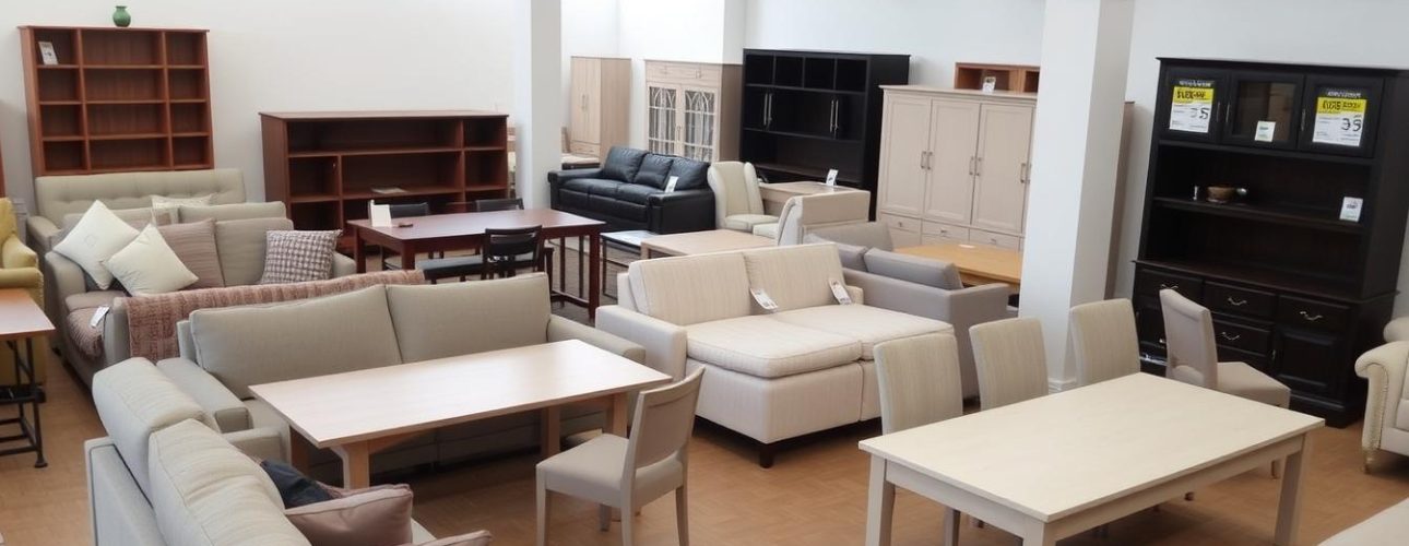 Verschillende soorten meubels met prijskaartjes in een showroom, waaronder banken, tafels en kasten met gemiddelde prijs meubels
