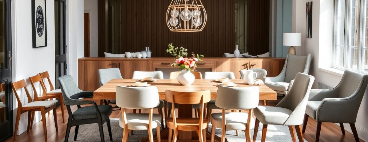 Verschillende stoeltypes rondom een houten eettafel