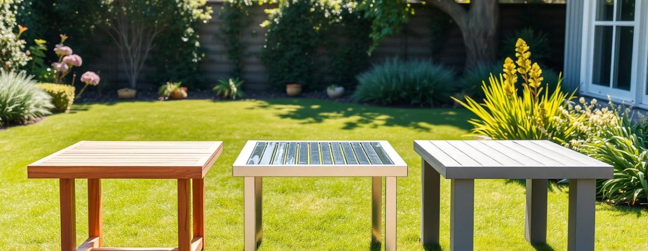 Verschillende tafels die buiten blijven staan in een zonnige tuin, waaronder teak, aluminium en kunststof modellen