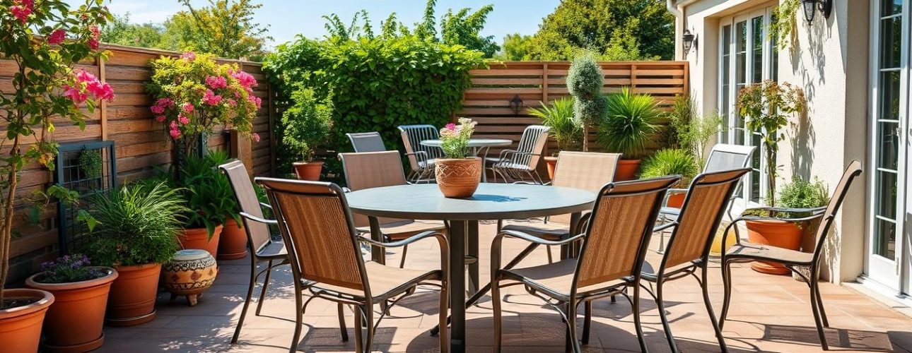 Verschillende tuinstoelen met variërende breedtes op een zonnig terras