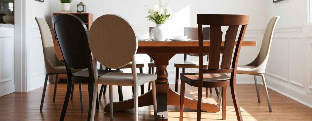 Verschillende typen eetkamerstoelen zonder armleuningen in een moderne eetkamer