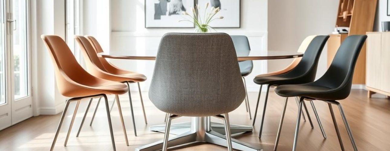 Verschillende types eetkamerstoelen zonder armleuningen in een moderne eetkamer