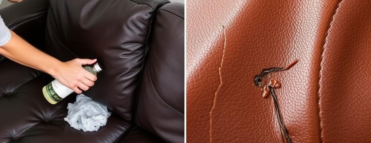 Voor- en nadelen van azijn voor leerreiniging gevisualiseerd met leren items en schoonmaakmiddelen