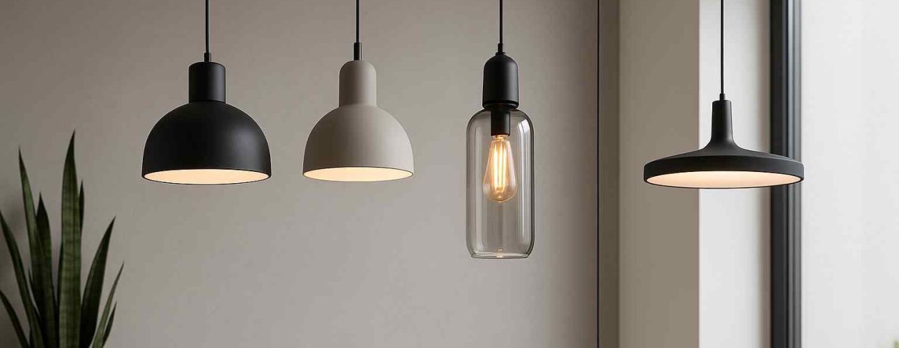 Vier hanglampen boven een houten tafel. De lampen zijn zwart, grijs en transparant, met een moderne stijl. Zitbanken en design in de kamer.