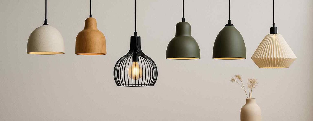 Zes hanglampen van diverse materialen en vormen boven een houten tafel. Neutrale kleuren, zachte belichting. Design voor jouw woonkamer.