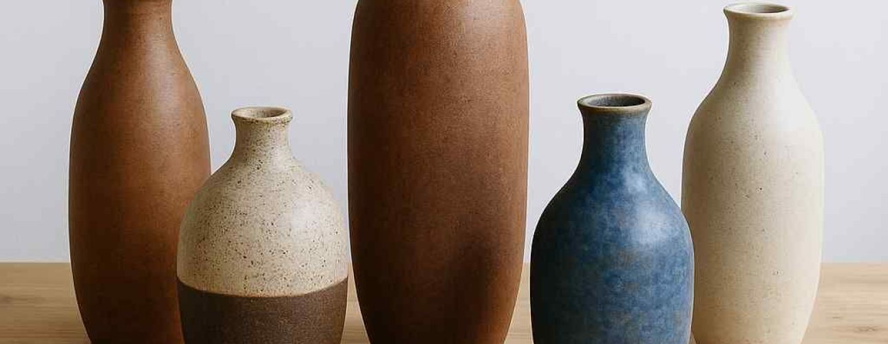 Handmade vases by Dutch artists: Groep vazen in bruin, blauw en wit aardewerk op een houten tafel, gefotografeerd in natuurlijk, zacht licht.