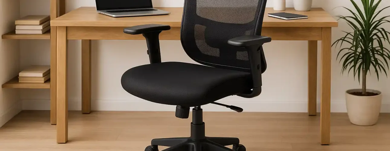 Een zwarte bureaustoel van gaas met armleuningen, een voorbeeld van waar je op let bij het kiezen van een bureaustoel, staat op een houten vloer bij een licht houten bureau met een gesloten laptop, plant en planken in een stijlvolle thuiskantooromgeving.