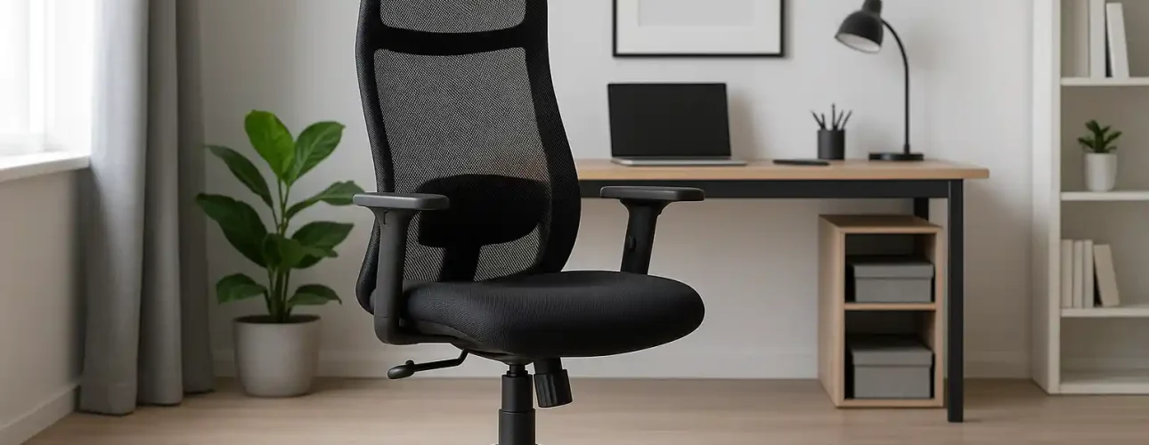 Een moderne zwarte bureaustoel van gaas, perfect voor het kopen van een bureaustoel, staat voor een bureau met een laptop, bureaulamp, ingelijste kunst en planken in een minimalistisch kantoor aan huis met een lichte houten vloer en een potplant bij het raam.