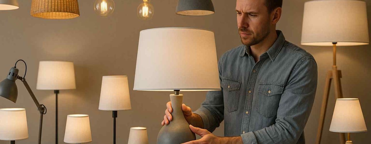 Man bekijkt lampen in een kamer. Verschillende stijlen, hangend en staand, op een houten tafel. Zachte, warme belichting. Design lampen.